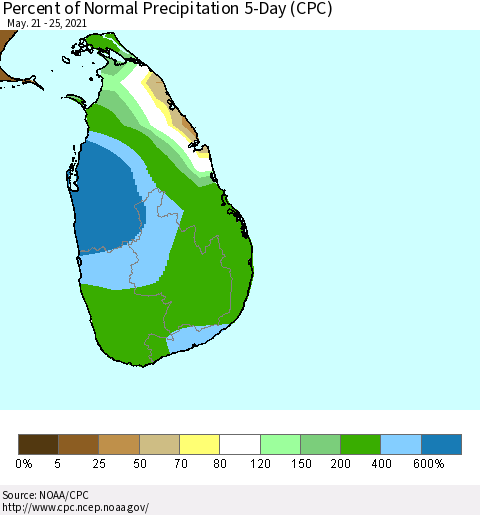 Sri Lanka Percent of Normal Precipitation 5-Day (CPC) Thematic Map For 5/21/2021 - 5/25/2021