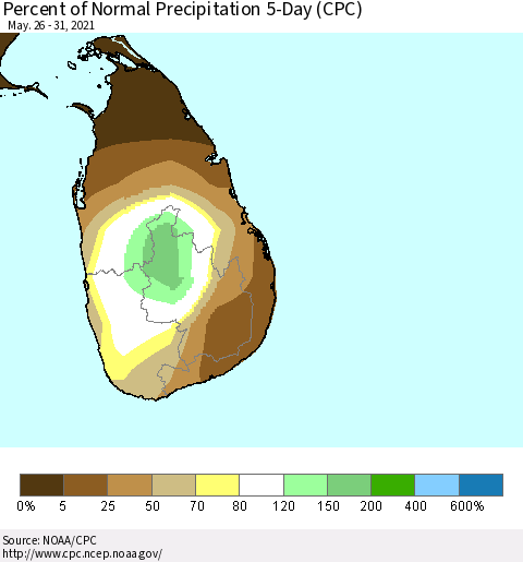 Sri Lanka Percent of Normal Precipitation 5-Day (CPC) Thematic Map For 5/26/2021 - 5/31/2021