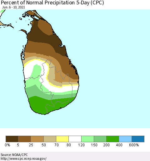 Sri Lanka Percent of Normal Precipitation 5-Day (CPC) Thematic Map For 6/6/2021 - 6/10/2021