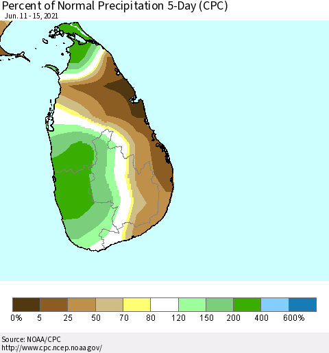 Sri Lanka Percent of Normal Precipitation 5-Day (CPC) Thematic Map For 6/11/2021 - 6/15/2021
