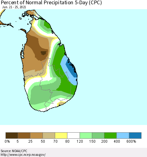 Sri Lanka Percent of Normal Precipitation 5-Day (CPC) Thematic Map For 6/21/2021 - 6/25/2021