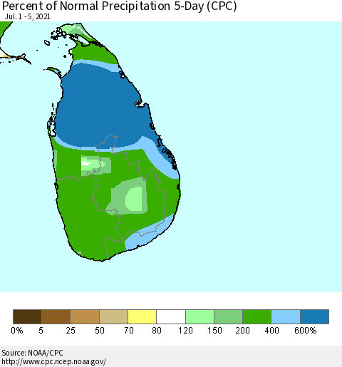Sri Lanka Percent of Normal Precipitation 5-Day (CPC) Thematic Map For 7/1/2021 - 7/5/2021