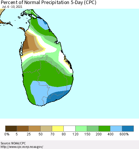 Sri Lanka Percent of Normal Precipitation 5-Day (CPC) Thematic Map For 7/6/2021 - 7/10/2021