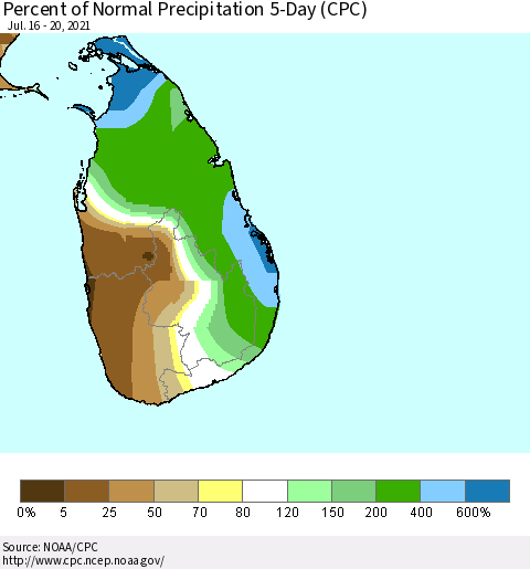 Sri Lanka Percent of Normal Precipitation 5-Day (CPC) Thematic Map For 7/16/2021 - 7/20/2021