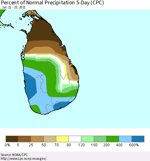Sri Lanka Percent of Normal Precipitation 5-Day (CPC) Thematic Map For 7/21/2021 - 7/25/2021