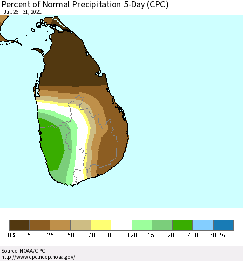 Sri Lanka Percent of Normal Precipitation 5-Day (CPC) Thematic Map For 7/26/2021 - 7/31/2021