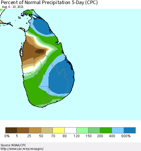 Sri Lanka Percent of Normal Precipitation 5-Day (CPC) Thematic Map For 8/6/2021 - 8/10/2021