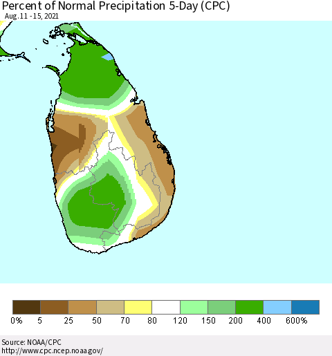 Sri Lanka Percent of Normal Precipitation 5-Day (CPC) Thematic Map For 8/11/2021 - 8/15/2021