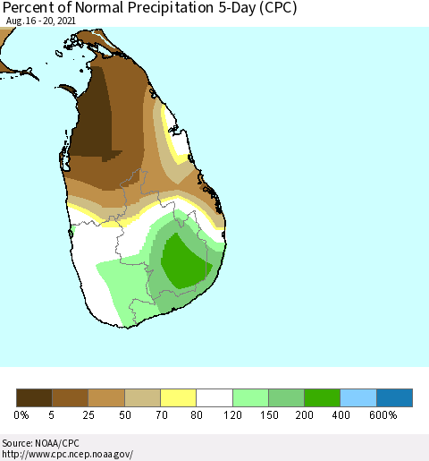 Sri Lanka Percent of Normal Precipitation 5-Day (CPC) Thematic Map For 8/16/2021 - 8/20/2021