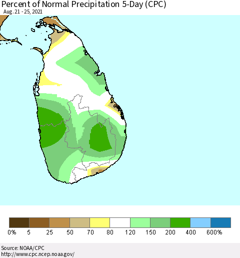 Sri Lanka Percent of Normal Precipitation 5-Day (CPC) Thematic Map For 8/21/2021 - 8/25/2021