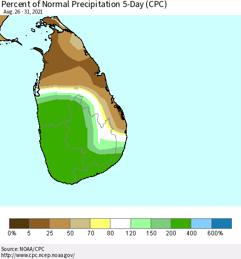 Sri Lanka Percent of Normal Precipitation 5-Day (CPC) Thematic Map For 8/26/2021 - 8/31/2021