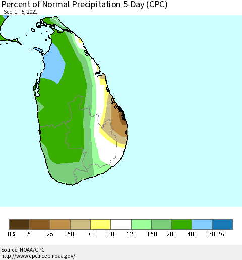 Sri Lanka Percent of Normal Precipitation 5-Day (CPC) Thematic Map For 9/1/2021 - 9/5/2021