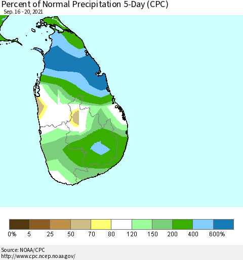 Sri Lanka Percent of Normal Precipitation 5-Day (CPC) Thematic Map For 9/16/2021 - 9/20/2021