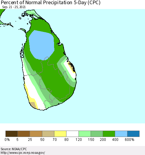 Sri Lanka Percent of Normal Precipitation 5-Day (CPC) Thematic Map For 9/21/2021 - 9/25/2021