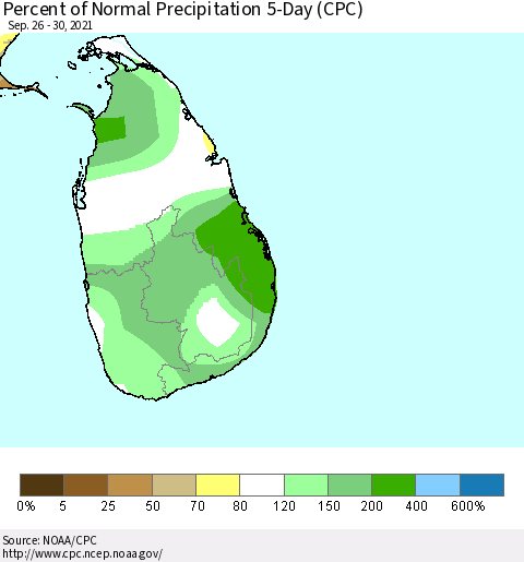 Sri Lanka Percent of Normal Precipitation 5-Day (CPC) Thematic Map For 9/26/2021 - 9/30/2021