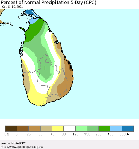 Sri Lanka Percent of Normal Precipitation 5-Day (CPC) Thematic Map For 10/6/2021 - 10/10/2021