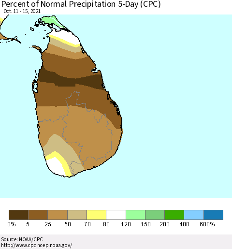 Sri Lanka Percent of Normal Precipitation 5-Day (CPC) Thematic Map For 10/11/2021 - 10/15/2021
