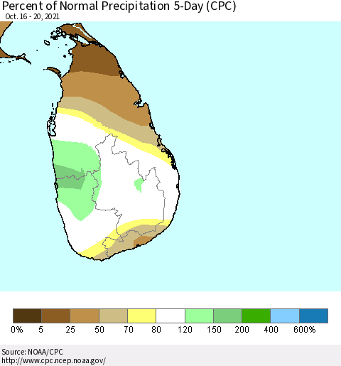 Sri Lanka Percent of Normal Precipitation 5-Day (CPC) Thematic Map For 10/16/2021 - 10/20/2021