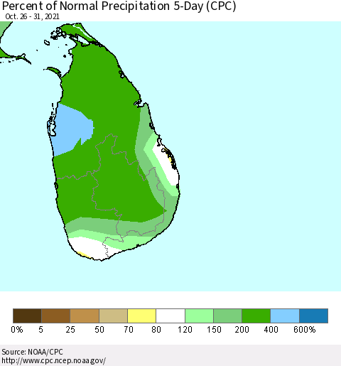 Sri Lanka Percent of Normal Precipitation 5-Day (CPC) Thematic Map For 10/26/2021 - 10/31/2021