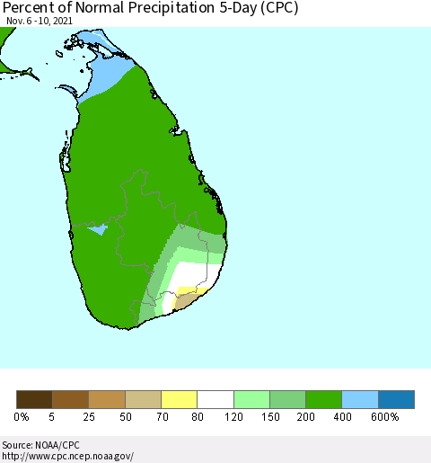 Sri Lanka Percent of Normal Precipitation 5-Day (CPC) Thematic Map For 11/6/2021 - 11/10/2021
