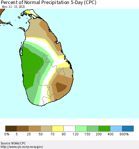 Sri Lanka Percent of Normal Precipitation 5-Day (CPC) Thematic Map For 11/11/2021 - 11/15/2021