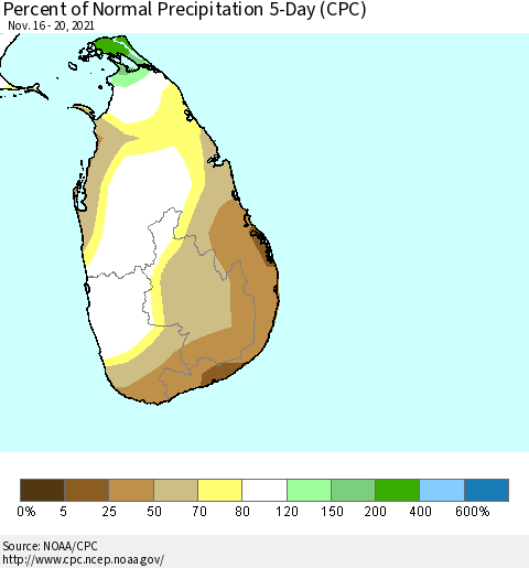 Sri Lanka Percent of Normal Precipitation 5-Day (CPC) Thematic Map For 11/16/2021 - 11/20/2021