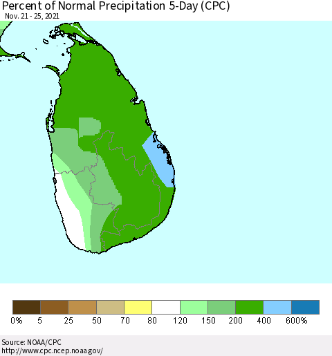 Sri Lanka Percent of Normal Precipitation 5-Day (CPC) Thematic Map For 11/21/2021 - 11/25/2021