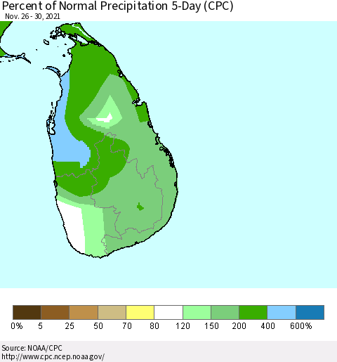 Sri Lanka Percent of Normal Precipitation 5-Day (CPC) Thematic Map For 11/26/2021 - 11/30/2021