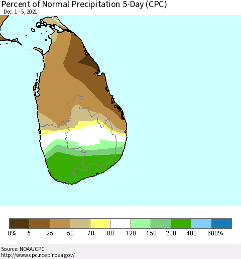 Sri Lanka Percent of Normal Precipitation 5-Day (CPC) Thematic Map For 12/1/2021 - 12/5/2021