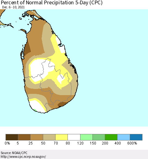 Sri Lanka Percent of Normal Precipitation 5-Day (CPC) Thematic Map For 12/6/2021 - 12/10/2021