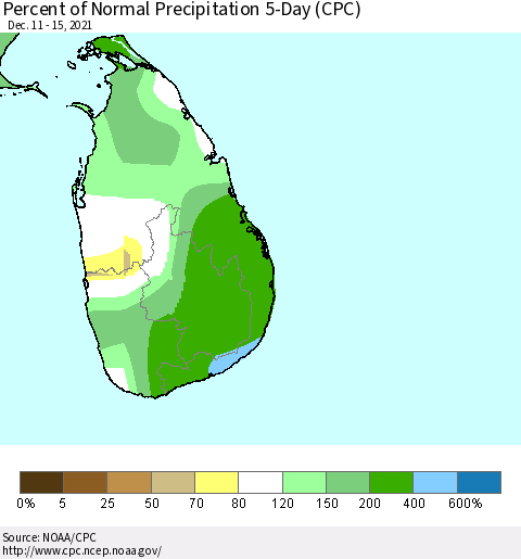 Sri Lanka Percent of Normal Precipitation 5-Day (CPC) Thematic Map For 12/11/2021 - 12/15/2021