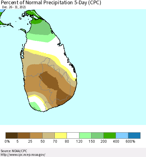 Sri Lanka Percent of Normal Precipitation 5-Day (CPC) Thematic Map For 12/26/2021 - 12/31/2021