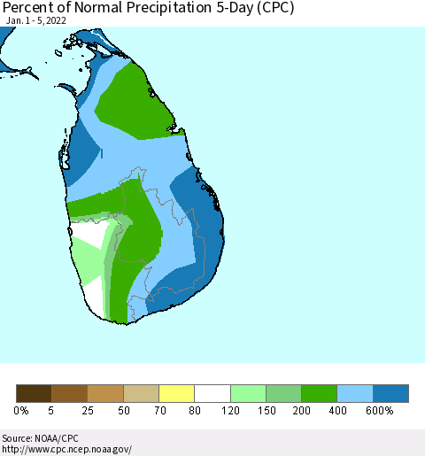 Sri Lanka Percent of Normal Precipitation 5-Day (CPC) Thematic Map For 1/1/2022 - 1/5/2022