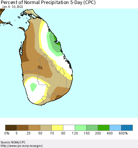 Sri Lanka Percent of Normal Precipitation 5-Day (CPC) Thematic Map For 1/6/2022 - 1/10/2022