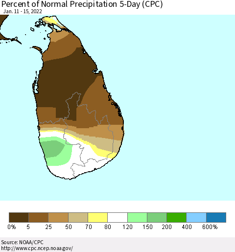 Sri Lanka Percent of Normal Precipitation 5-Day (CPC) Thematic Map For 1/11/2022 - 1/15/2022
