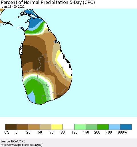 Sri Lanka Percent of Normal Precipitation 5-Day (CPC) Thematic Map For 1/16/2022 - 1/20/2022