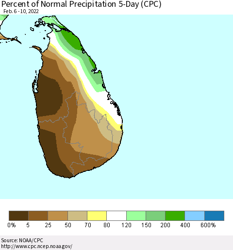 Sri Lanka Percent of Normal Precipitation 5-Day (CPC) Thematic Map For 2/6/2022 - 2/10/2022