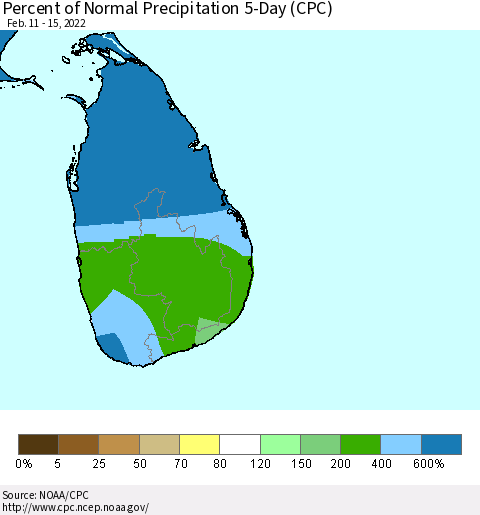 Sri Lanka Percent of Normal Precipitation 5-Day (CPC) Thematic Map For 2/11/2022 - 2/15/2022