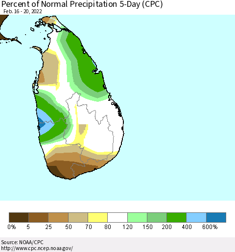 Sri Lanka Percent of Normal Precipitation 5-Day (CPC) Thematic Map For 2/16/2022 - 2/20/2022