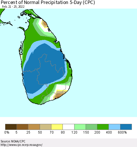 Sri Lanka Percent of Normal Precipitation 5-Day (CPC) Thematic Map For 2/21/2022 - 2/25/2022