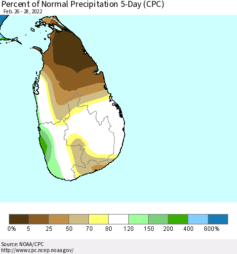 Sri Lanka Percent of Normal Precipitation 5-Day (CPC) Thematic Map For 2/26/2022 - 2/28/2022