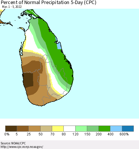 Sri Lanka Percent of Normal Precipitation 5-Day (CPC) Thematic Map For 3/1/2022 - 3/5/2022