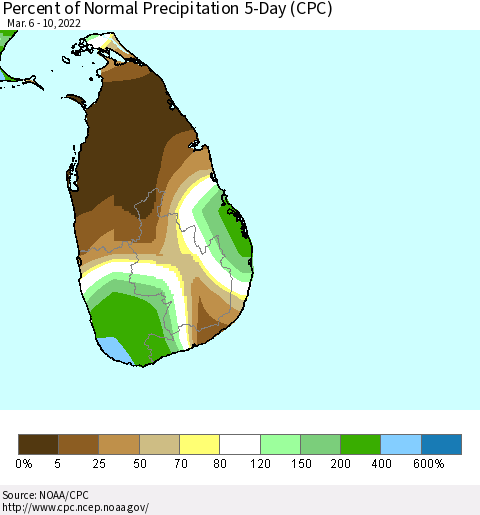 Sri Lanka Percent of Normal Precipitation 5-Day (CPC) Thematic Map For 3/6/2022 - 3/10/2022
