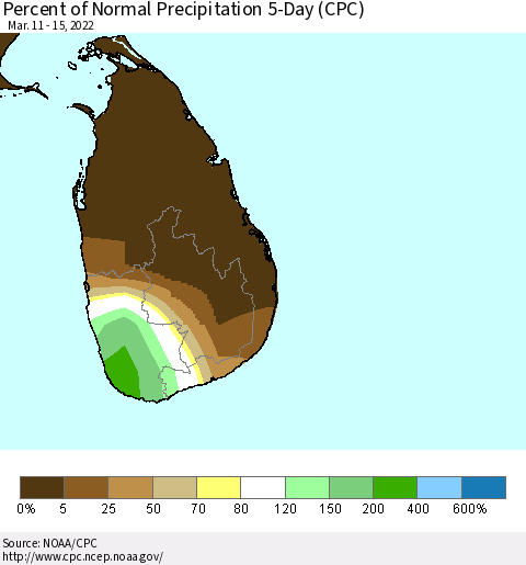 Sri Lanka Percent of Normal Precipitation 5-Day (CPC) Thematic Map For 3/11/2022 - 3/15/2022