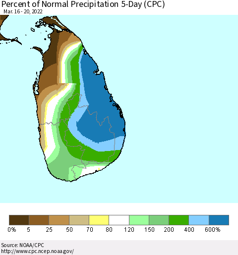 Sri Lanka Percent of Normal Precipitation 5-Day (CPC) Thematic Map For 3/16/2022 - 3/20/2022