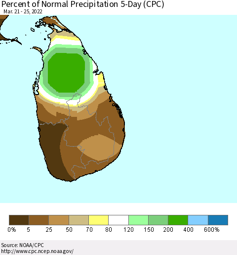 Sri Lanka Percent of Normal Precipitation 5-Day (CPC) Thematic Map For 3/21/2022 - 3/25/2022