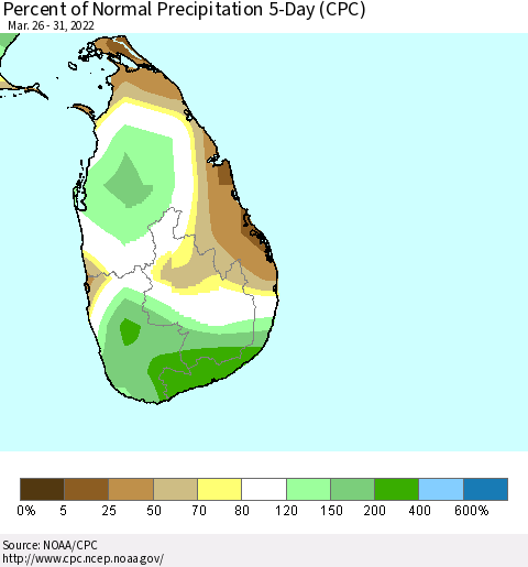 Sri Lanka Percent of Normal Precipitation 5-Day (CPC) Thematic Map For 3/26/2022 - 3/31/2022
