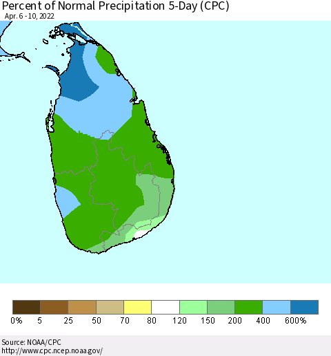Sri Lanka Percent of Normal Precipitation 5-Day (CPC) Thematic Map For 4/6/2022 - 4/10/2022