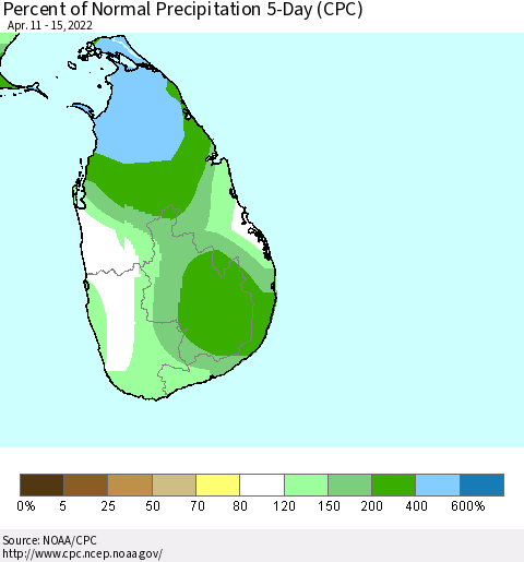 Sri Lanka Percent of Normal Precipitation 5-Day (CPC) Thematic Map For 4/11/2022 - 4/15/2022
