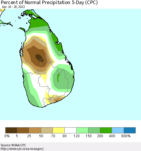 Sri Lanka Percent of Normal Precipitation 5-Day (CPC) Thematic Map For 4/16/2022 - 4/20/2022